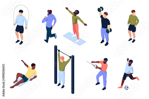 Men performing outdoor exercises. Vector guys jumping rope, running with dumbbells and ball workouting, pulling up and exercising. Fitness and sports training, healthy lifestyle and physical activity