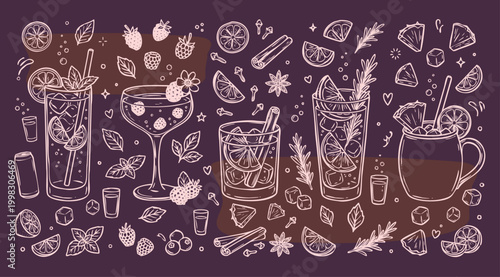 American Drink Vintage 1930s Rubber Hose Style Infused Mocktail and Craft Beverage Ingredient Doodle Set