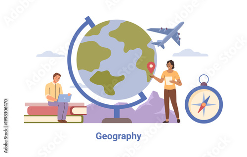 Small people studying geography at school or collage. Vector educational subject discipline and geography equipment for little personages. Exploration and discovery of lands and continents