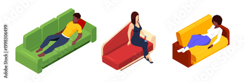 People relaxing, sitting and napping on sofas. Vector isometric male and female characters on couches or chairs. Everyday leisure and work activities. Comfortable furniture. Rest and productivity
