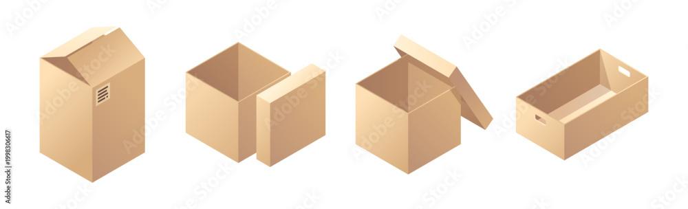 Obraz premium Delivery cargo boxes with lids, closed and open cardboard parcels. Vector isometric realistic set of empty packaging for distribution and freight export. Postal goods and mail services container