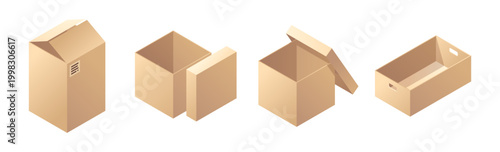 Delivery cargo boxes with lids, closed and open cardboard parcels. Vector isometric realistic set of empty packaging for distribution and freight export. Postal goods and mail services container