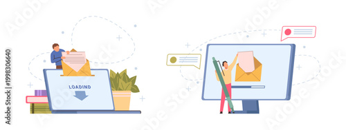 Newsletter subscription and messaging in chats. Vector isolated personal computers and users writing and sending mails. Interaction with users and clients, network development and connections