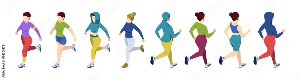 Fototapeta premium Runners in motion. Vector isometric female characters during jogging activity. Sport outfit, body movement and fitness lifestyle. Workout and training, healthy routine and outdoor exercise