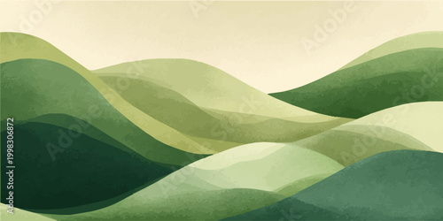 Abstract watercolor landscape showing rolling green hills and serene valleys with overlapping shades of nature, depicting tranquility and softness with a minimalist aesthetic