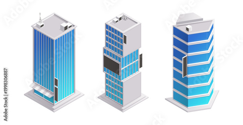 Modern residential building with canopy and ads banners. Vector isolated isometric high rise apartments. Urban structure with glass facade design. Structures with multiple individual living units