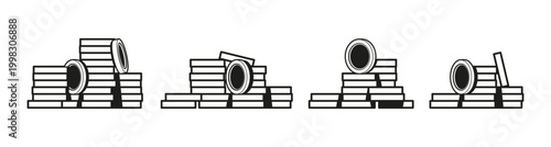 Money cash, isolated piles of black coins with no sign stamp. Vector currency heaps set. Wealth and richness symbol of prosperity and financial stability. Economic growth, payment and banking