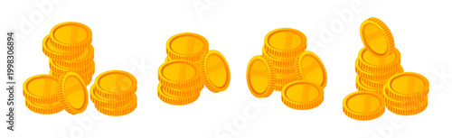 Stacks of money, isolated golden coins with blank surface. Vector saving up and building financial and economic freedom. Budget and salary, wages and earning, assets and buying power