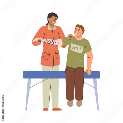 Physiotherapy and recovery from injury. Vector isolated flat character, kid with fractured arm and gypsum or supporting bandage. Gaining mobility with physiotherapist in clinic, rehabilitation