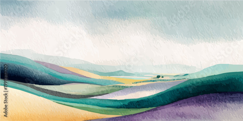 Abstract watercolor landscape featuring undulating rolling hills and vibrant fields with soft pastel colors, creating a serene and peaceful countryside scene under a calm sky