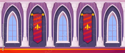 Castle hallway with tall arched windows and flags. Vector cartoon corridor room with marble columns. Medieval atmosphere for fantasy level design, animation backdrops or storybook art