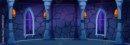Castle room interior. Vector hall with stone walls and decorative columns, arched windows and torches. Medieval interior architecture. Fantasy projects and game design, story and educational materials