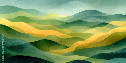 Layering abstract mountain landscapes in vibrant watercolor, creating a serene and modern view of nature's rolling hills and calming scenery