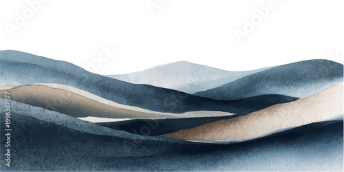 Abstract watercolor landscape presenting layers of blue and brown rolling hills and mountains against a white background, creating a serene and minimalist nature scene