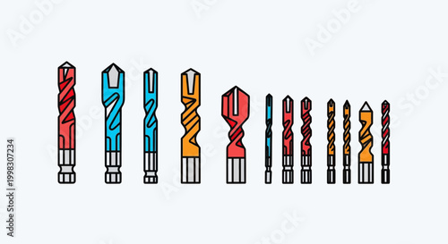 Drill bits in various colors and shapes.