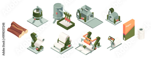 Industrial equipment for paper factory. Vector isolated raw logs and rolls, processing machines and finished sheet packs. Production cycle of manufacturing stages. Resource and workflow