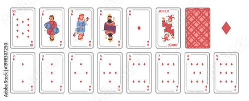 Poker layout by diamond suit with joker. Vector closed deck and open playing cards. Entertainment and hobby, gambling in casino or on mobile device. Having fun and leisure, improvement of skills