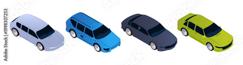 Cars viewed from isometric top angle. Vector automobiles for map creation or auto rental layouts, parking systems or logistics presentations. Automotive infographics and city infrastructure elements