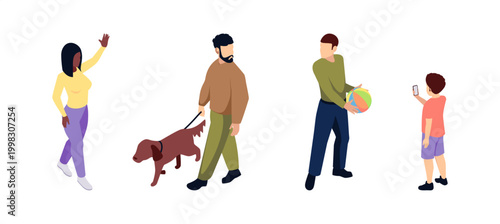 Child, man with dog and woman walking. Vector isolated male and female characters strolling. People spending time outside. Social activity and outdoor leisure. Recreation and rest, outdoors fashion