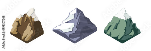 Snowy mountains with rocky bases. Vector isometric cold climate terrains with frozen peaks and natural relief. Winter nature landscapes for seasonal and travel graphics, environment design