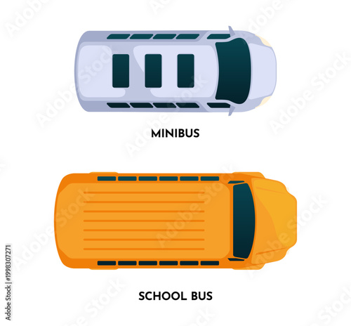 Municipal public vehicles set, top view. Vector isolated city minibus and school bus. Transport collection showing roof structure, windows and body shape. Urban infrastructure and systems