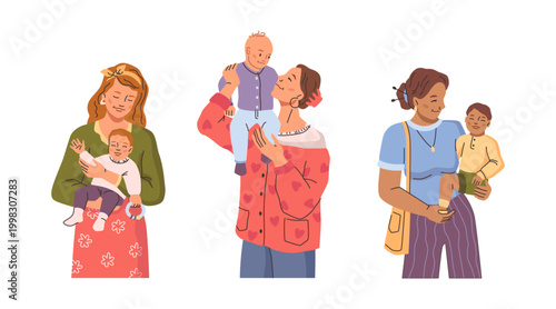 Moms and newborn babies, isolated women with children playing or walking. Vector in flat style, motherhood and bonding. Embracing child and spending time together. Softness and care, adoration