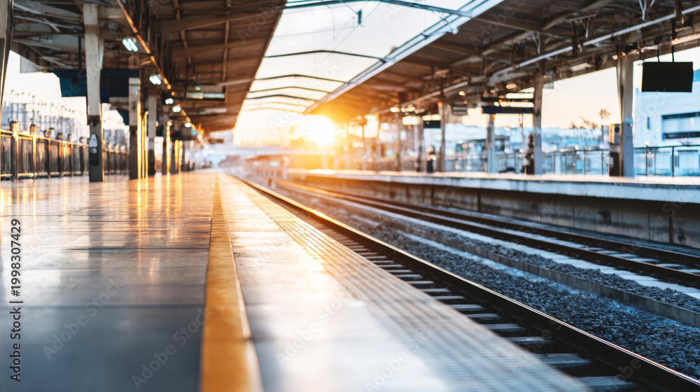 Fototapeta premium Modern train platform featuring glowing tracks at sunset, reflecting warm light on the surface, emphasizing journey and urban connectivity