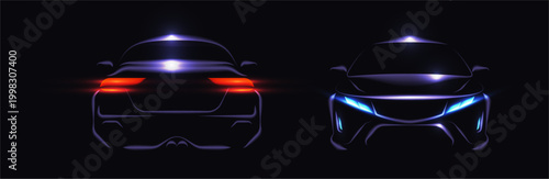 Car silhouettes set. Vector vehicles viewed from both front and rear with realistic illuminated headlights and taillights. Automotive projects and traffic graphics, urban design and posters