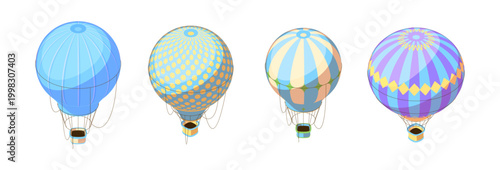 Hot air balloons in classic form decorated with various surface prints and patterns. Vector isometric travel and leisure transport elements. Tourism and holiday. Game asset and adventure materials