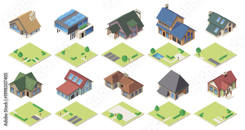 Private houses with land plots. Vector isometric residential buildings with paths and trees, bushes and mailboxes. Property planning and development. Real estate presentation and housing layout