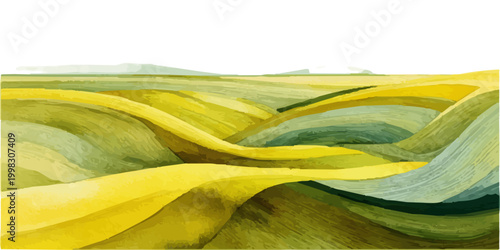 Abstract watercolor landscape showing rolling green and yellow hills creating a peaceful and serene environment with a calm natural background for tranquility