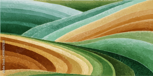 Abstract watercolor landscape showing rolling hills and terraced fields creating an artistic natural pattern, using green, yellow, brown, and orange color layers