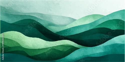 Abstract watercolor landscape showing an atmospheric mountain and hill range in varying shades of green, teal, and blue green, illustrating peace, nature, and organic patterns