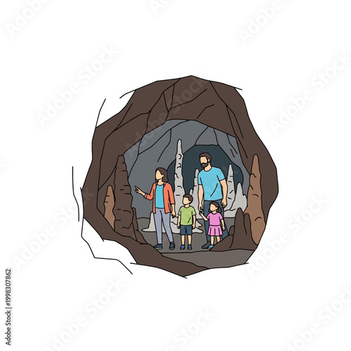 Family Exploring Cave Entrance Together.