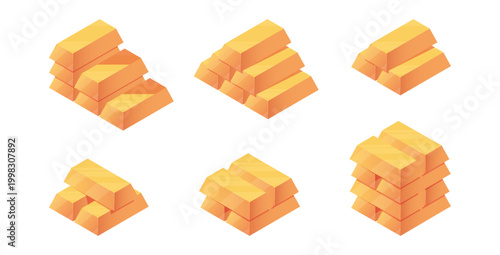 Shiny gold bars with smooth surfaces, unmarked and polished. Vector isometric set representing wealth, financial stability and investment, money and asset growth. Economy, banking and saving