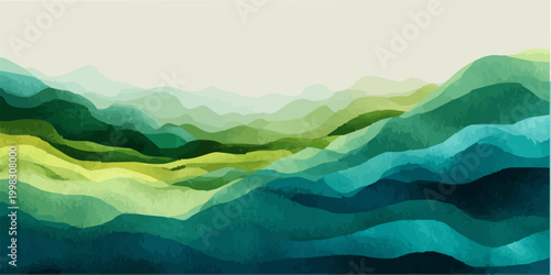 Layered abstract landscape with rolling hills and mountains, featuring a watercolor painting style in varying shades of green, blue, and teal, creating a sense of depth and serene nature