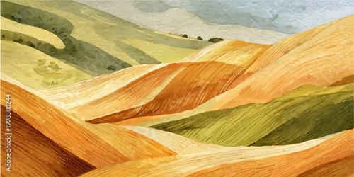 Abstract watercolor painting portraying a rural landscape with rolling agricultural fields changing colors with crops, showing patterns of nature and harvest season