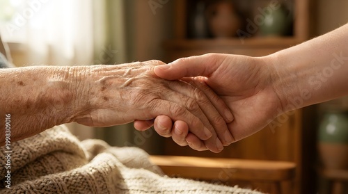 Close-up of younger person holding elderly person's hand in comfort and support