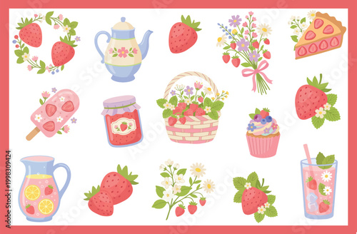 Vector summer, spring set with strawberries and flowers. Cute floral elements, strawberry design. Perfect for postcards, packaging, decorative design, and children's products. Vector illustration.