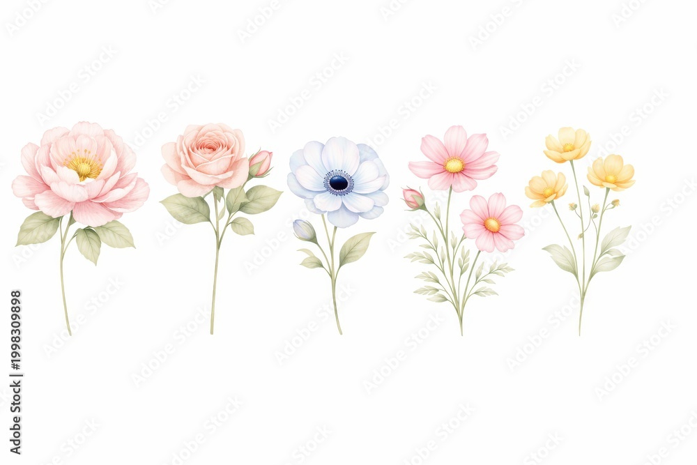 Obraz premium Delicate watercolor illustrations of five different blooming flowers with green stems and leaves isolated on white background