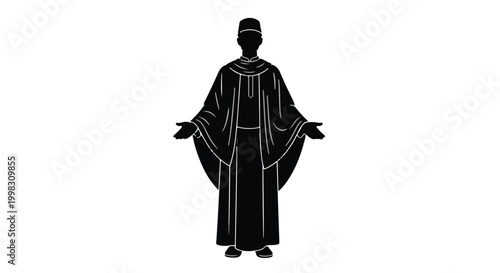Silhouette of person wearing robe standing with outstretched arms in modern minimalist illustration