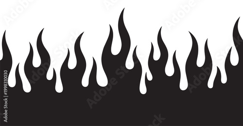 A black silhouette of burning fire flames in a seamless horizontal border design for hot energy and power concepts