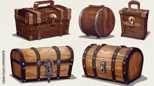 Varied styles of wooden chests, some with handles and metallic accents, in warm tones