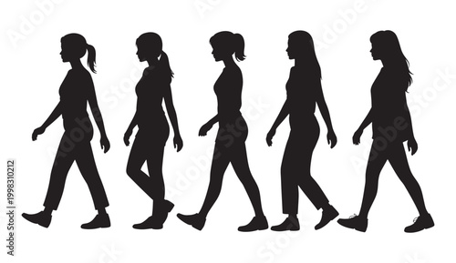 A row of women's silhouettes in walking motion, representing daily urban commute and active lifestyle movement