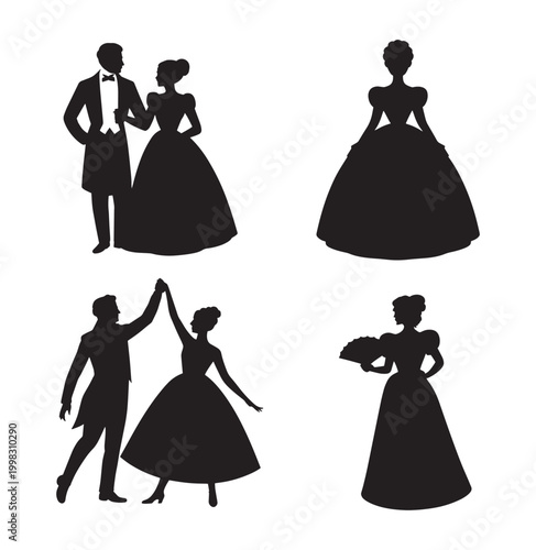 Elegant silhouettes of couples dancing in ballroom gowns and suits for historical and wedding themes