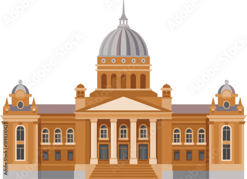 Classical government building architecture with dome and columns, courthouse or capitol facade in flat vector illustration