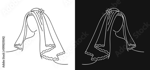 Widow in bereavement veil, minimalist continuous line drawing style, for light and dark designs, isolated on removable contrasting background