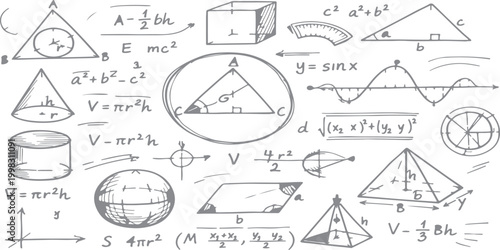 Vector illustration of a hand drawn set of sketches featuring house architecture designs and technical blueprint drafting plans for a home construction project