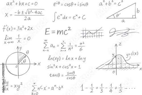 A hand-drawn vector illustration of algebra and physics equations featuring a seamless pattern of white mathematical doodles and science symbols sketched on a dark classroom blackboard