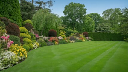 Beautiful manicured garden landscape with vibrant flower border